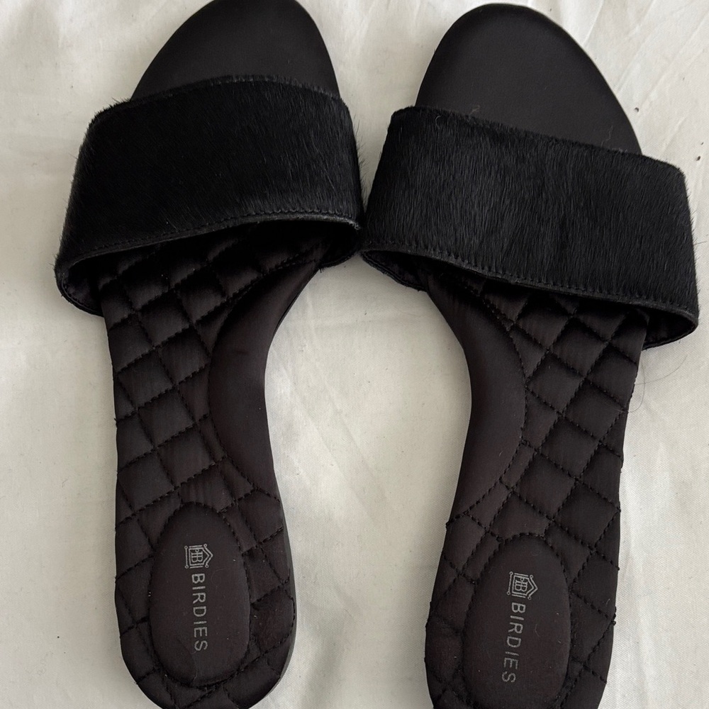 Birdies Black Quilted Slide Sandals with Haircalf Strap